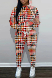 Red Graphics Print Long Sleeve Hooded Sweatshirt and Skinny Pants Casual Sportwear Matching Sweatsuit Set