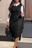 Blue Shirt Collar Long Sleeve Layered Faux Wrap Dark Gray Business Wear Shirt Midi Dress
