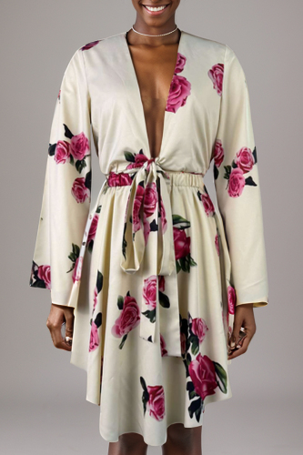 Pink Floral Print V Neck Long Sleeve Belted Front Knotted Tops And Pleated Mini Skirt Vacation Casual Two Pieces Dress Sets