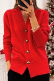 Red V Neck Long Sleeve Button-Front Fall Winter Knitted Cardigan Sweater