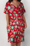Green Leopard Flowers Letter Print V Neck Short Sleeve Women's Casual Outing Straight Loose Fit Oversized Tunic Midi Dress with Pocket