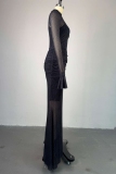 Black Half A Turtleneck Long Sleeve Lace Sheer Ruched Mermaid Hem Maxi Dress and Cami Dress Formal Evening Party Prom Two Pieces Dress Sets