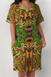 Green Purple Poker Geometric Print V Neck Short Sleeve Women's Casual Outing Straight Loose Fit Plus Size Tunic Midi Dress with Pocket