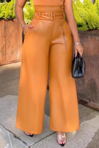 Orange High Waist With Belt Casual PU Leather Wide Leg Pants