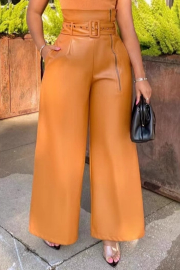 Orange High Waist With Belt Casual PU Leather Wide Leg Pants
