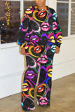 Black Red Heart Lips Print O Neck Long Sleeve Sweatshirt and Skinny Pants Sportwear Plus Size Matching Sweatsuit Set