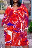 Orange Blue Casual Graphics Print Pocket V Neck Long Sleeve Loose Straight Midi Dresses