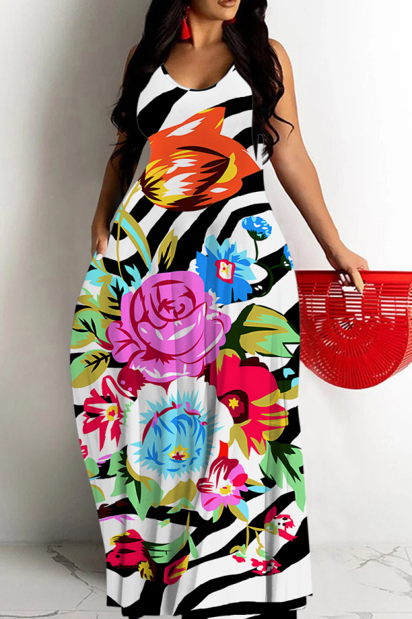 Yellow Floral Print Sleeveless O Neck Casual Vacation Baggy Sundress Maxi Slip Dresses