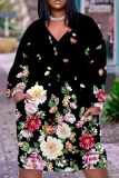 Green Casual Graphics Print Pocket V Neck Long Sleeve Loose Straight Midi Dresses