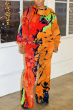 Multicolor Graphics O Neck Long Sleeve Sweatshirt and Skinny Pants Sportwear Plus Size Matching Sweatsuit Set