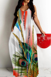 Rose Red Floral Print Sleeveless Backless Spaghetti Strap Floor Length Vacation Baggy Sundress Slip Maxi Dress