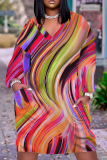 Orange Blue Casual Graphics Print Pocket V Neck Long Sleeve Loose Straight Midi Dresses