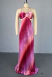 Pink Gradient Print Backless Sleeveless Belted Spaghetti Strap Formal Evening Party Prom Halter Pleated Maxi Dresses