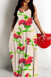 Rose Red Floral Print Sleeveless Backless Spaghetti Strap Floor Length Vacation Baggy Sundress Slip Maxi Dress