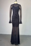 Black Half A Turtleneck Long Sleeve Lace Sheer Ruched Mermaid Hem Maxi Dress and Cami Dress Formal Evening Party Prom Two Pieces Dress Sets