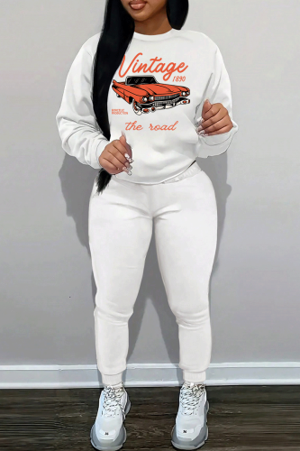 White Orange Graphics Print O Neck Long Sleeve Sweatshirt And Pocket Skinny Pants Sportwear Matching Sweatsuit Set