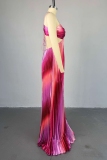 Pink Gradient Print Backless Sleeveless Belted Spaghetti Strap Formal Evening Party Prom Halter Pleated Maxi Dresses