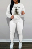 White Orange Graphics Print O Neck Long Sleeve Sweatshirt And Pocket Skinny Pants Sportwear Matching Sweatsuit Set