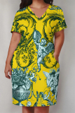 Green Purple Poker Geometric Print V Neck Short Sleeve Women's Casual Outing Straight Loose Fit Plus Size Tunic Midi Dress with Pocket