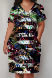 Green Leopard Flowers Letter Print V Neck Short Sleeve Women's Casual Outing Straight Loose Fit Oversized Tunic Midi Dress with Pocket