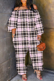 Brown Casual Plaid Print Off Shoulder Long Sleeve Regular Vacation Harem Leg Jumpsuits