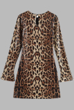 Leopard Print Sequins O Neck Long Sleeve Casual Night Club Shimmer Mini Dresses