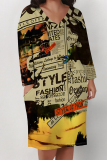 Blue Boho Newspaper Chain Print Pocket V Neck Long Sleeve Casual Outing Plus Size Midi Dresses