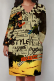 Blue Boho Newspaper Chain Print Pocket V Neck Long Sleeve Casual Outing Plus Size Midi Dresses