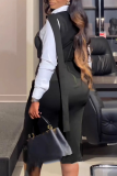 Blue Shirt Collar Long Sleeve Layered Faux Wrap Dark Gray Business Wear Shirt Midi Dress