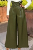 Orange High Waist With Belt Casual PU Leather Wide Leg Pants