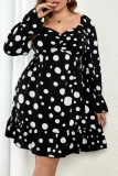 Black Polka Dot Print V Neck Long Sleeve Ruffle Hem Vacation Casual Plus Size Mini Dresses