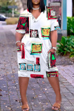 Colorful Casual Graphics Print Pocket V Neck Short Sleeve Loose Straight Midi Dresses