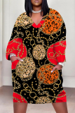 Blue Boho Newspaper Chain Print Pocket V Neck Long Sleeve Casual Outing Plus Size Midi Dresses