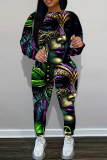 Green Gold Casual Graphics Print O Neck Long Sleeve Sweatshirt And Pants Sportwear Two Pieces Jogger Sets
