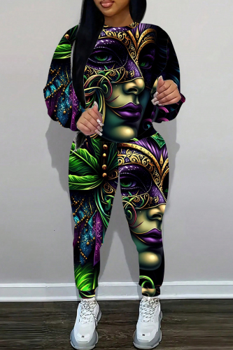 Green Gold Casual Graphics Print O Neck Long Sleeve Sweatshirt And Pants Sportwear Two Pieces Jogger Sets