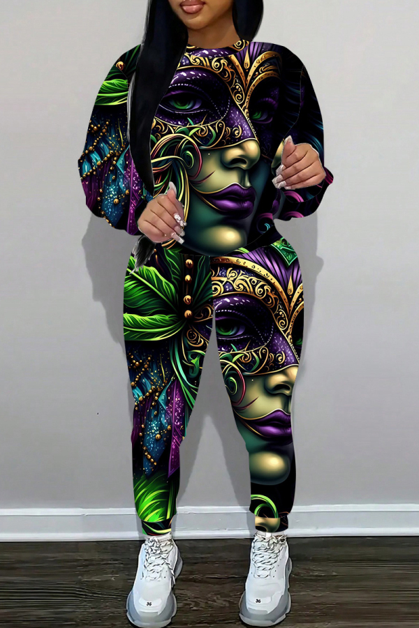 Green Gold Casual Graphics Print O Neck Long Sleeve Sweatshirt And Pants Sportwear Two Pieces Jogger Sets