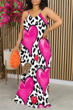 Pink Leopard Heart Pattern Print Sleeveless O Neck Casual Vacation Baggy Sundress Maxi Slip Dresses
