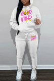 White Black Letter Print Long Sleeve Hooded Sweatshirt and Skinny Pants Casual Sportwear Matching Sweatsuit Set