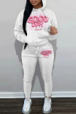 White Black Letter Print Long Sleeve Hooded Sweatshirt and Skinny Pants Casual Sportwear Matching Sweatsuit Set