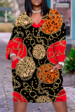 Blue Boho Newspaper Chain Print Pocket V Neck Long Sleeve Casual Outing Plus Size Midi Dresses