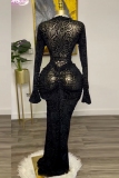 Black Half A Turtleneck Long Sleeve Lace Sheer Ruched Mermaid Hem Maxi Dress and Cami Dress Formal Evening Party Prom Two Pieces Dress Sets