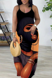 Orange Khaki Figure Print Sleeveless Backless Spaghetti Strap Floor Length Vacation Baggy Sundress Slip Maxi Dress
