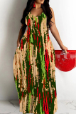 Brown Leopard Print Sleeveless Backless Spaghetti Strap Floor Length Vacation Baggy Sundress Slip Maxi Dress