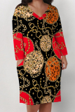 Blue Boho Newspaper Chain Print Pocket V Neck Long Sleeve Casual Outing Plus Size Midi Dresses