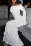 White 3D Flowers Decor Off Shoulder Long Sleeve Long Formal Evening Party Prom Knitted Sweater Maxi Dresses