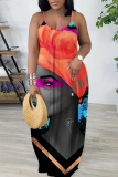 Orange Khaki Figure Print Sleeveless Backless Spaghetti Strap Floor Length Vacation Baggy Sundress Slip Maxi Dress