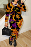 Army Green Floral Print O Neck Long Sleeve Sweatshirt And Skinny Pants Sportwear Casual Two Pieces Jogger Sets