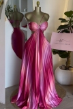 Pink Gradient Print Backless Sleeveless Belted Spaghetti Strap Formal Evening Party Prom Halter Pleated Maxi Dresses