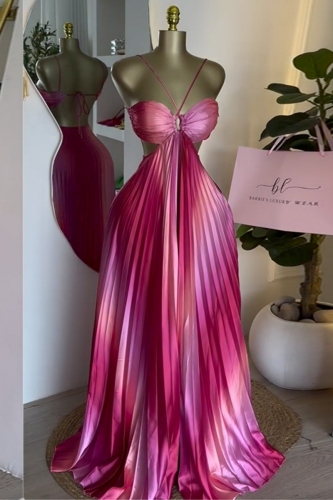 Pink Gradient Print Backless Sleeveless Belted Spaghetti Strap Formal Evening Party Prom Halter Pleated Maxi Dresses