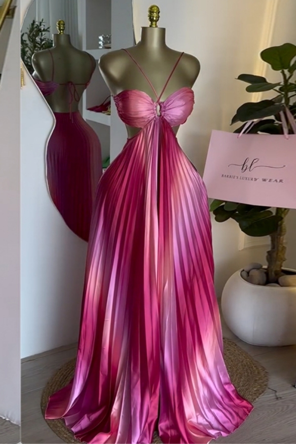 Pink Gradient Print Backless Sleeveless Belted Spaghetti Strap Formal Evening Party Prom Halter Pleated Maxi Dresses